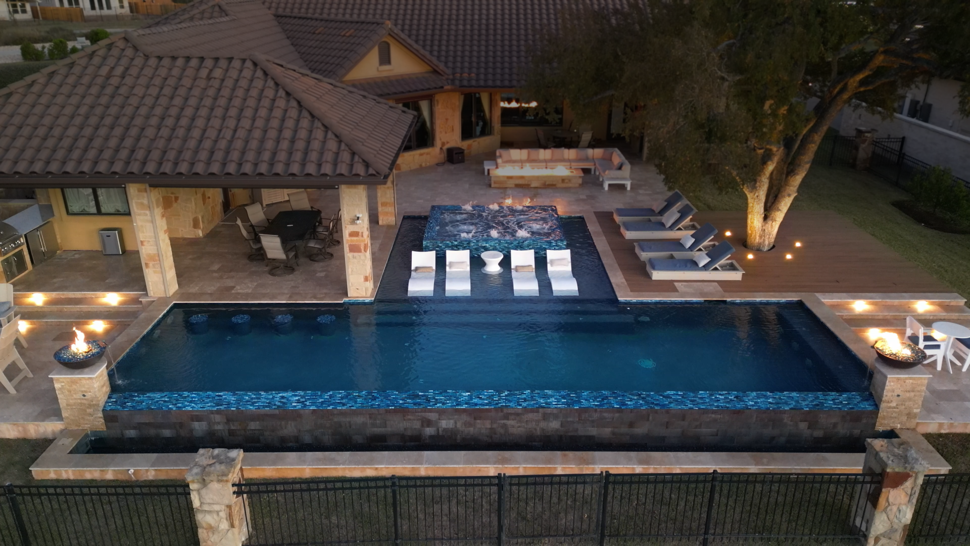 beautiful rectangular pool in the golden hours of the afternoon. 