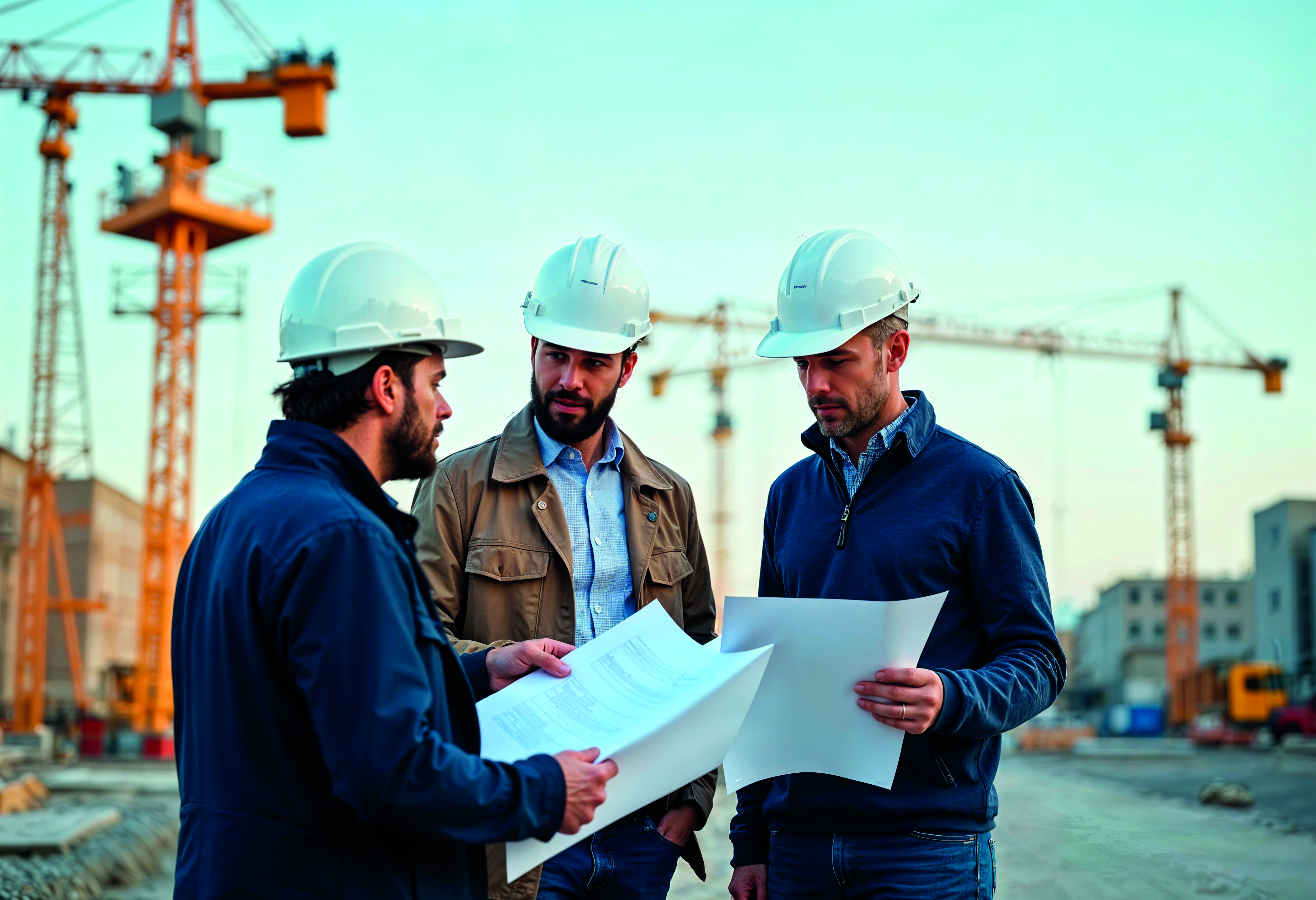 Three people with hard hat havin converstion with paper in hand and creanes in the background. 