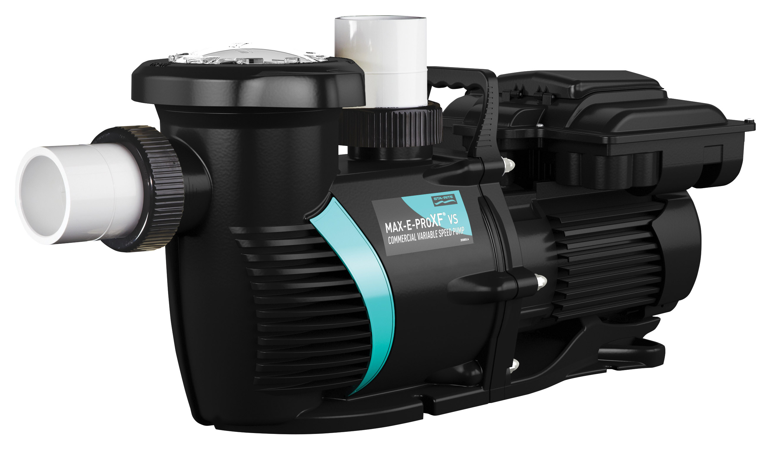 Black pool pump with teal design at 45 degree angle