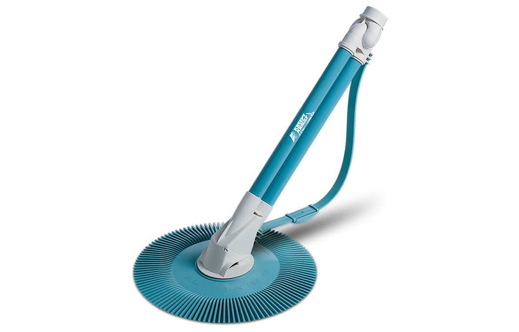 Aqua and white pool cleaner with suction pad