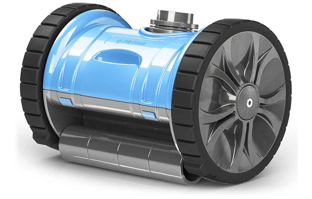 Bright blue pool cleaner with two giant black wheels