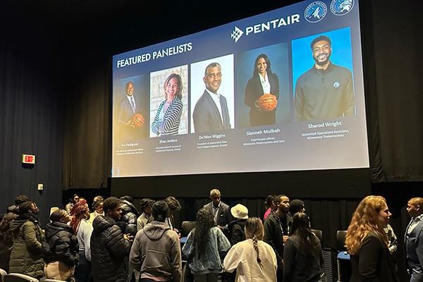 Pentair panelists Jihan Jenkins and De'Mon Wiggins talk with students at a recent Career Development Training Camp.
