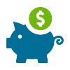 blue piggy bank with green dollar sign, icon, png, white background