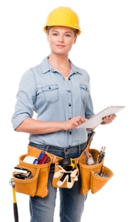 young woman construction worker service person with digital tablet on white background