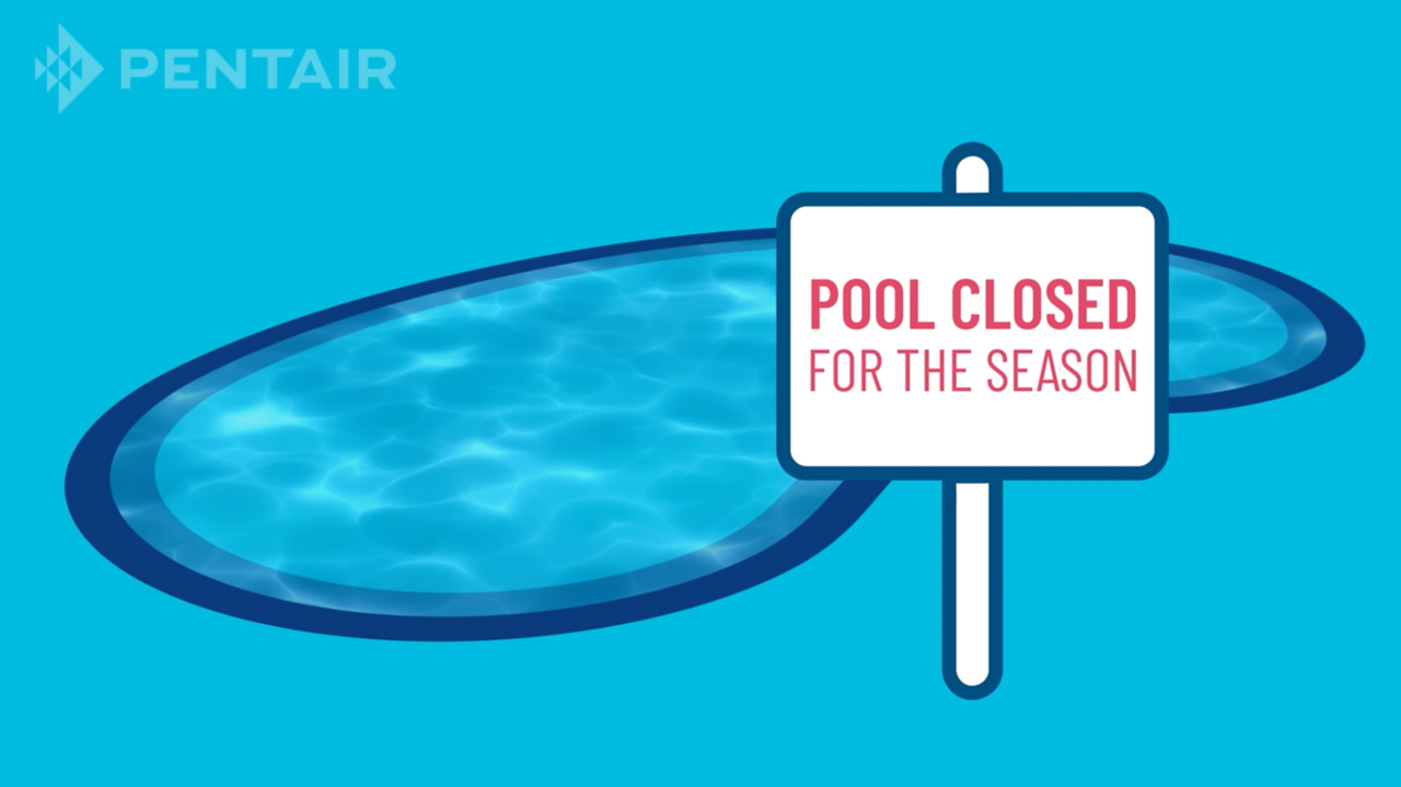 A kidney shaped pool with a sign saying "Pool Closed for Season".