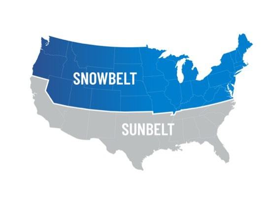 United States separated into the Snowbelt and Sunbelt. 