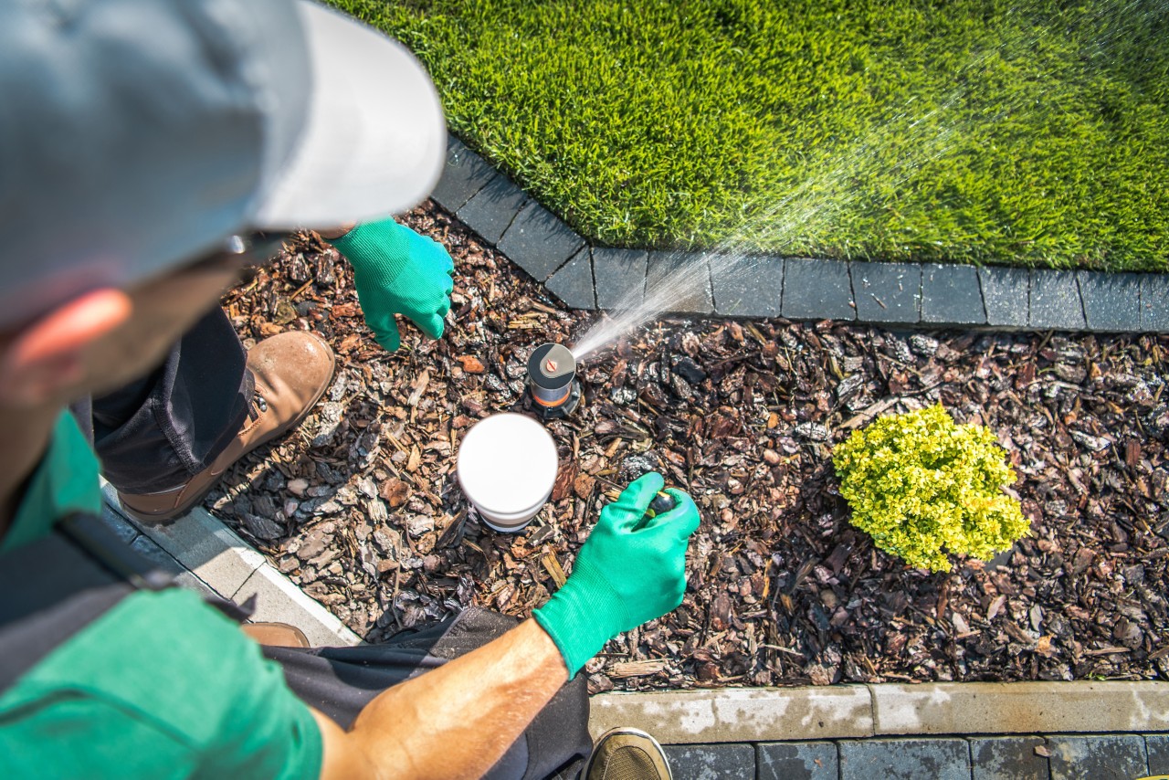 Man working on sprinkler with green grass and mulch