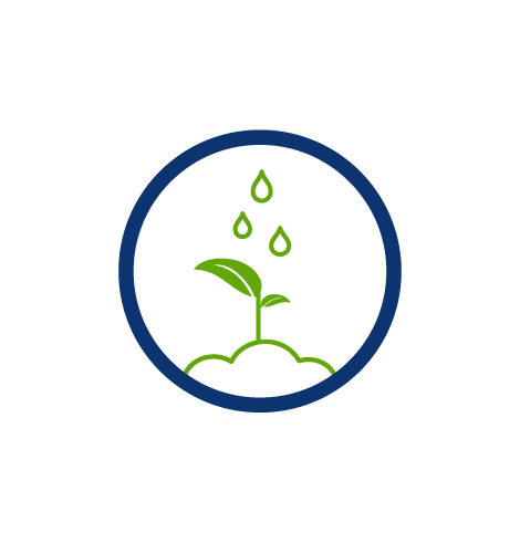 irrigation, green leaflet with rain drops, blue circle, outdoor water conservation, transparent png