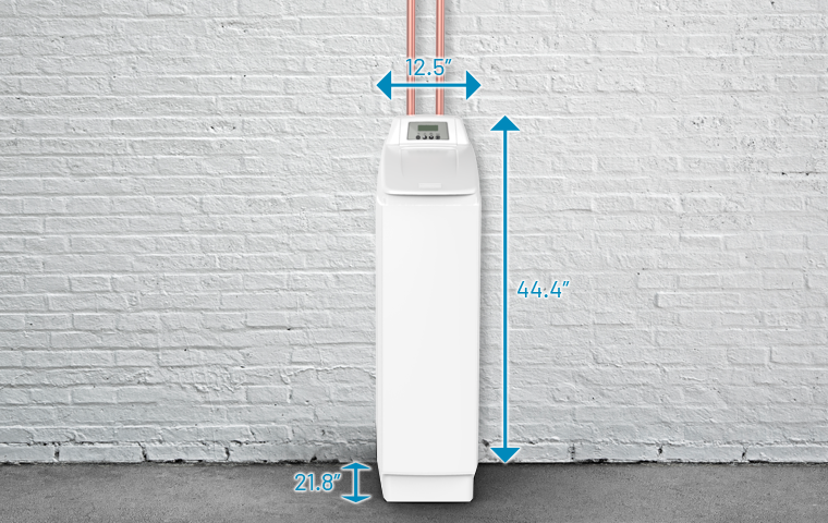 omnifilter, png, product image overlaid in front of a white brick wall, with dimensions, blue arrows, concrete floor