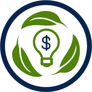 A dark blue circle envelopes three green leaves circling a lightbulb with a dark blue dollar sign.