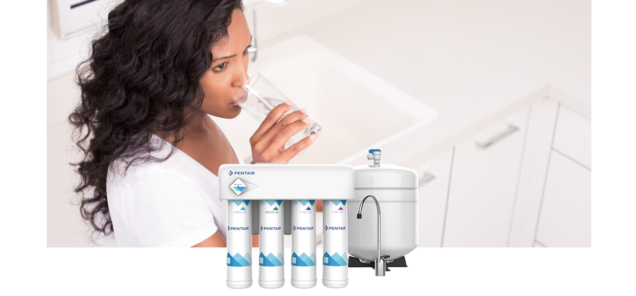 woman drinking filtered water and product image