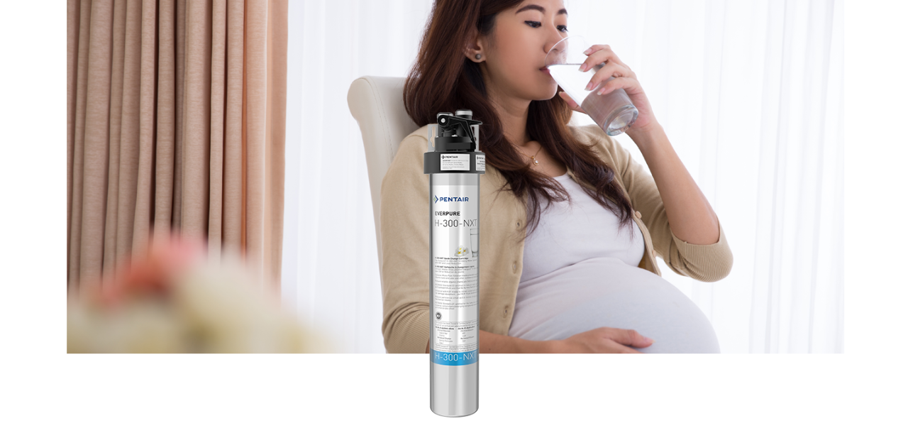 pregnant woman drinking filtered water and product image