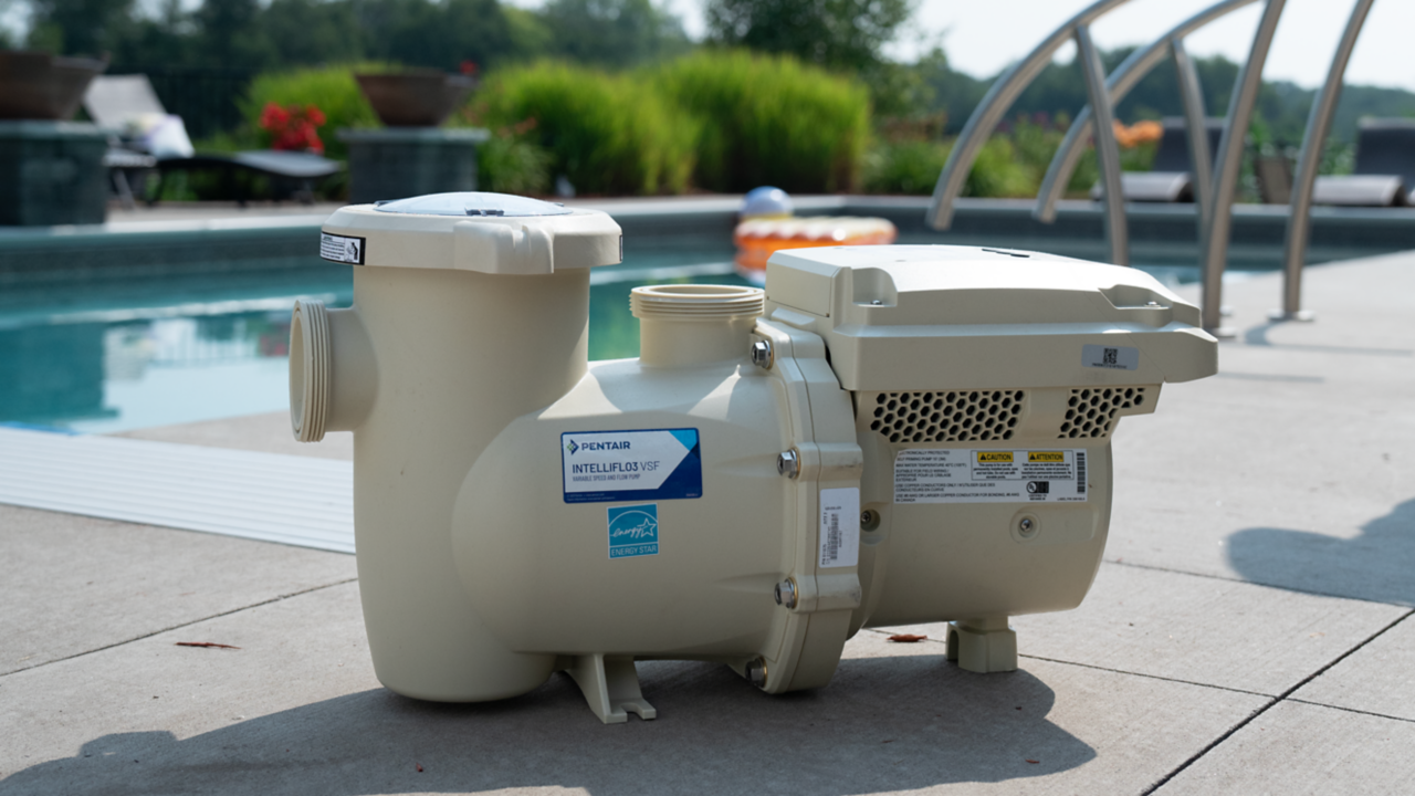 IntelliFlo3 pump wide shot, unboxed by pool no unions from Ham Lake, MN shoot  