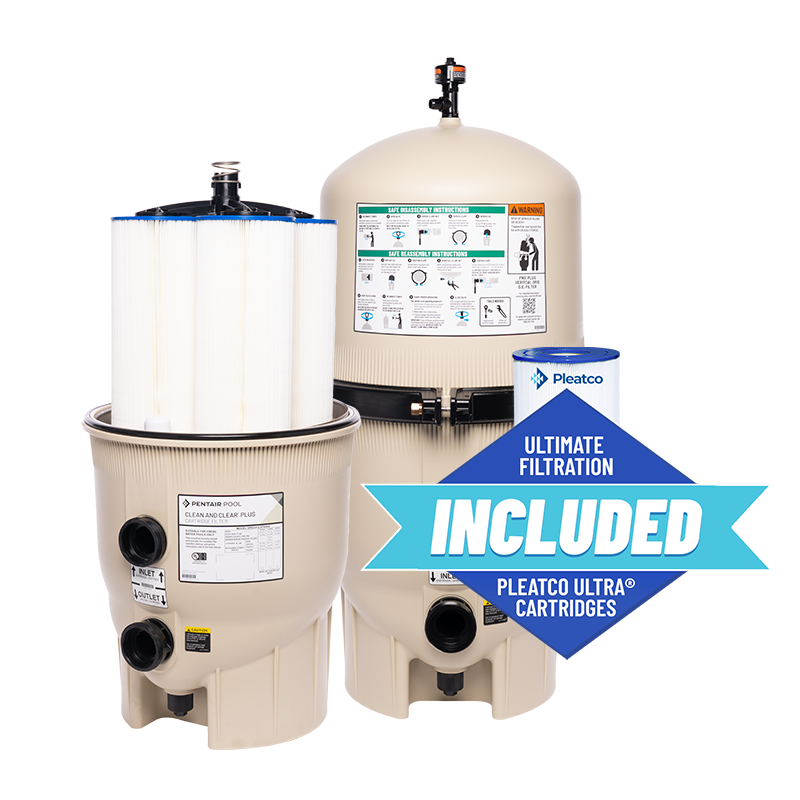 Clean and clear plus cartridges. Text: Ultimate Filtration Pleatco Ultra Cartridges Included. 