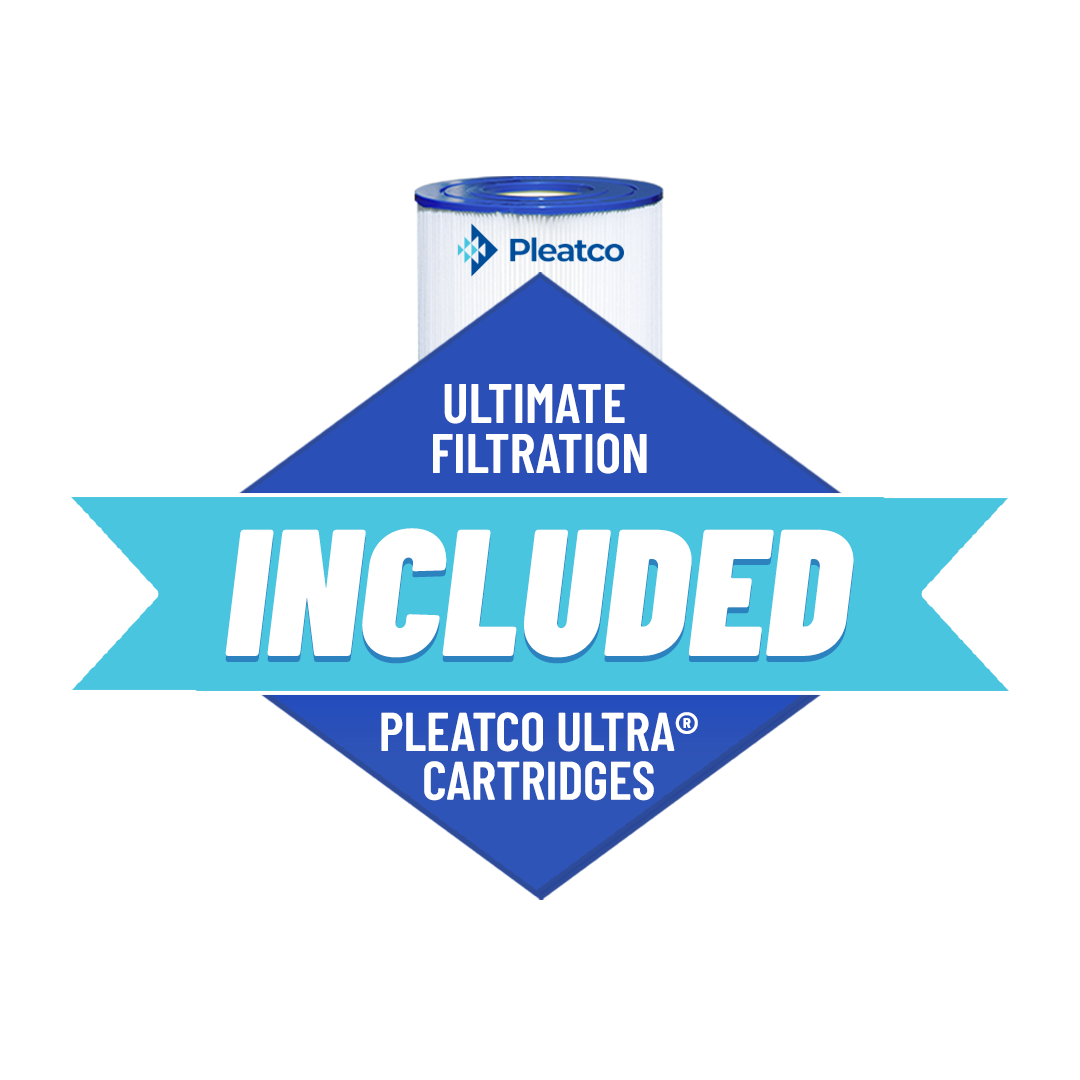 Blue diamond with filter behind. Text: Ultimate Filtration Pleatco Ultra Cartridges Included.