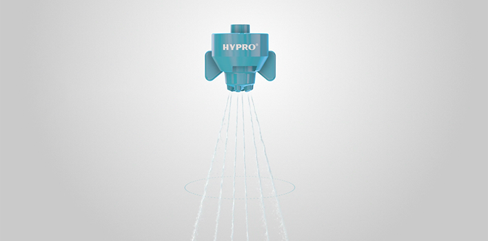 hypro, esi key features, blue nozzle, in action with water spraying, grey background, png