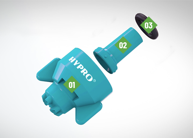 hypro, esi components, teal nozzle parts, grey background, png