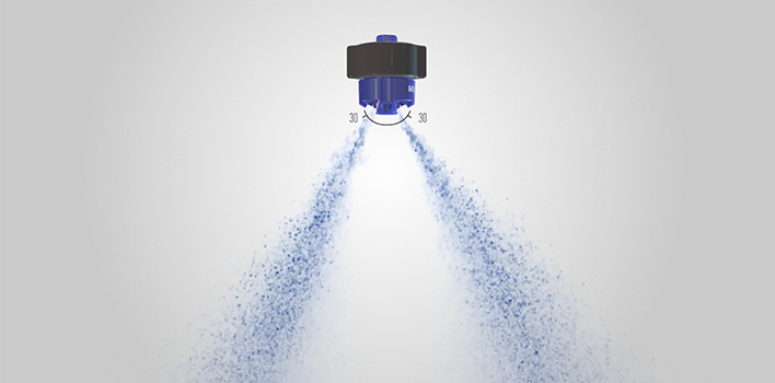 hypro, guardianair, gat key features, blue and black nozzle, in action with water spraying, grey background, png