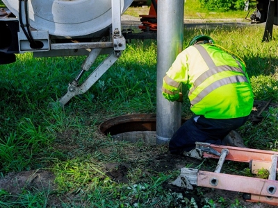 Worker unclogging sewer