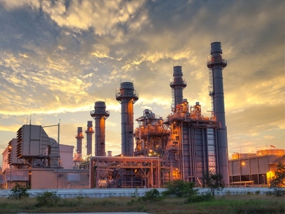 Electrical power plant during sunset
