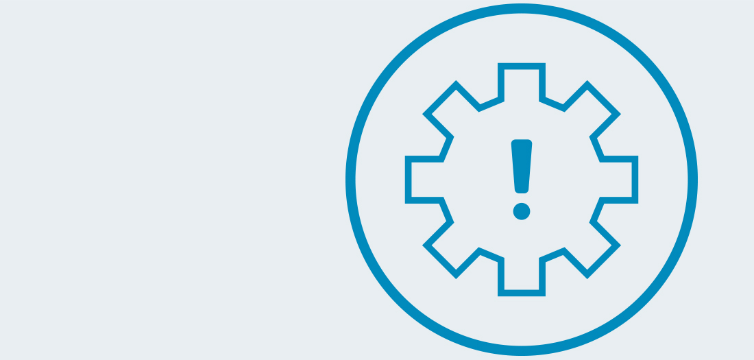 A gear with an exclaimation mark in its center. Surrounded by a circle. All in blue.