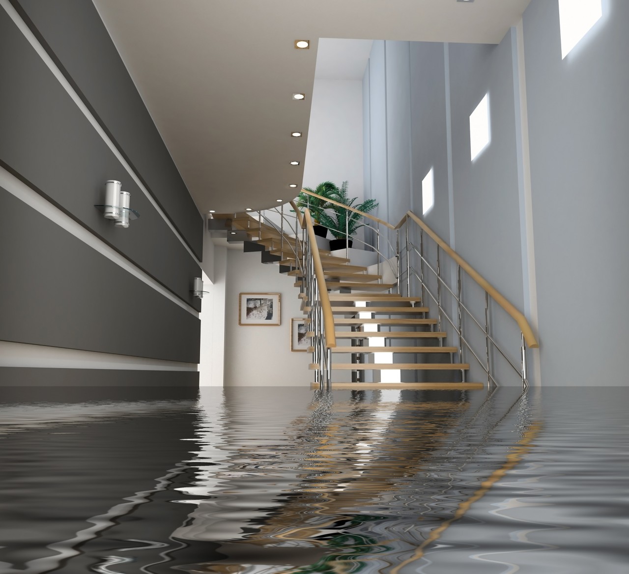 Basement flood with staircase