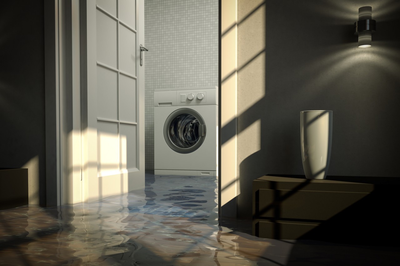 Water damage caused by defective washing machine. Cg-image.