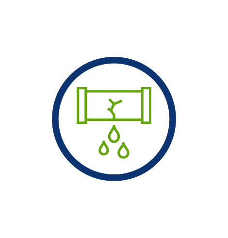 icon for leaks, indoor water conservation, pipe showing crack with water leaking out, green pipe, blue circle, transparent png