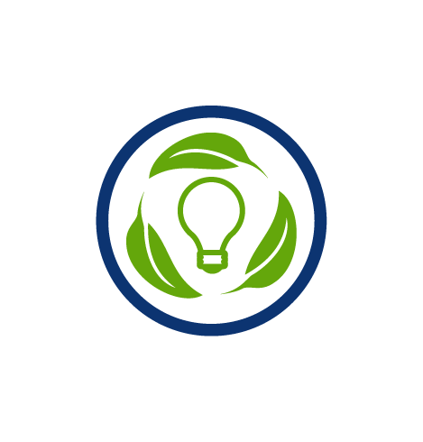 energy efficiency icon, green light bulb, green leaves, blue circle, transparent png