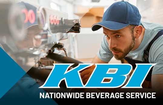 man servicing cafe machine, kbi brand